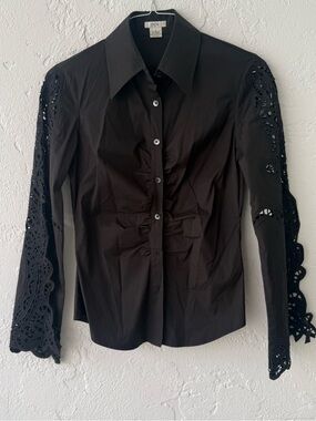 Cache Black Button-Front Shirt with Lace-Trim Sleeves